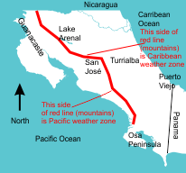 Costa Rica map showing the Pacific and Caribbean weather zones